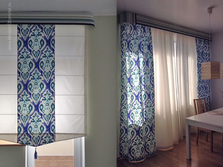 хлопковые шторы, икат, шторы от Мадам Оформитель, пошив штор на заказ в СПб, шторы в гостиной, совмещенной с кухней